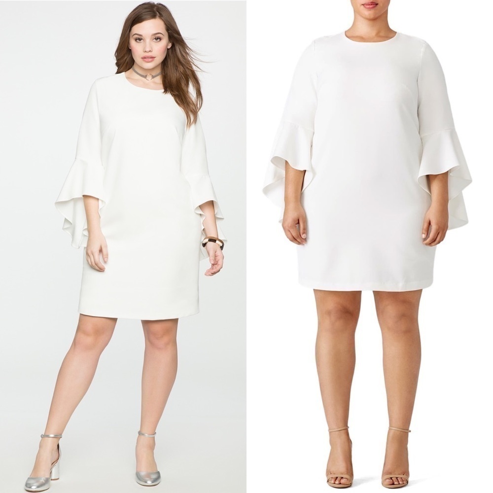 ELOQUII Ivory Scuba Trumpet Flounce 3/4 Sleeve Crew Neckline Shift Dress Size 22